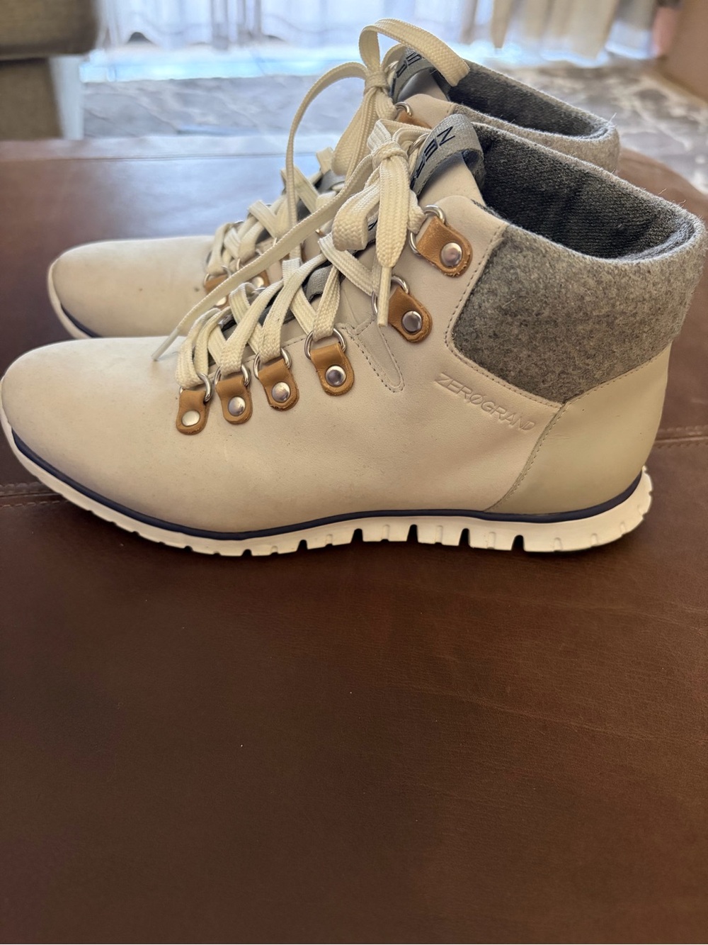 Cole Haan Lace-Up Waterproof Hiker Boot in Cream with Gray “Wool” Collar - 6